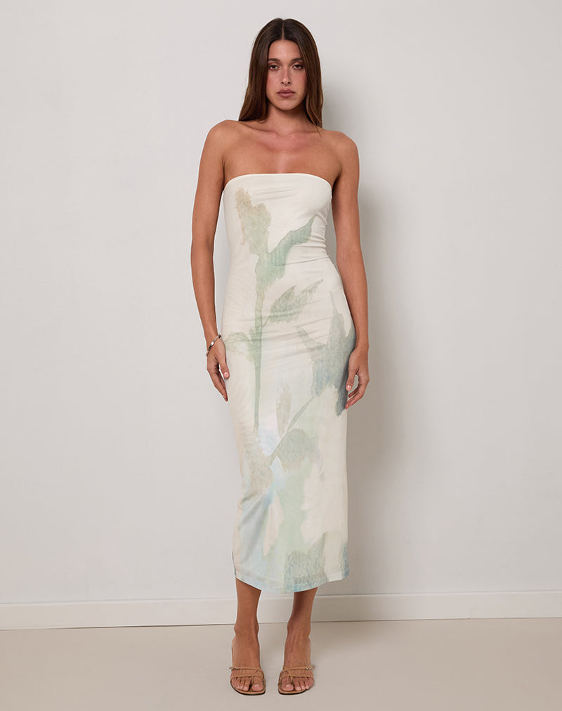 Image de Rosbandi Bandeau Midi Dress in Abstract Painted Flower Blue