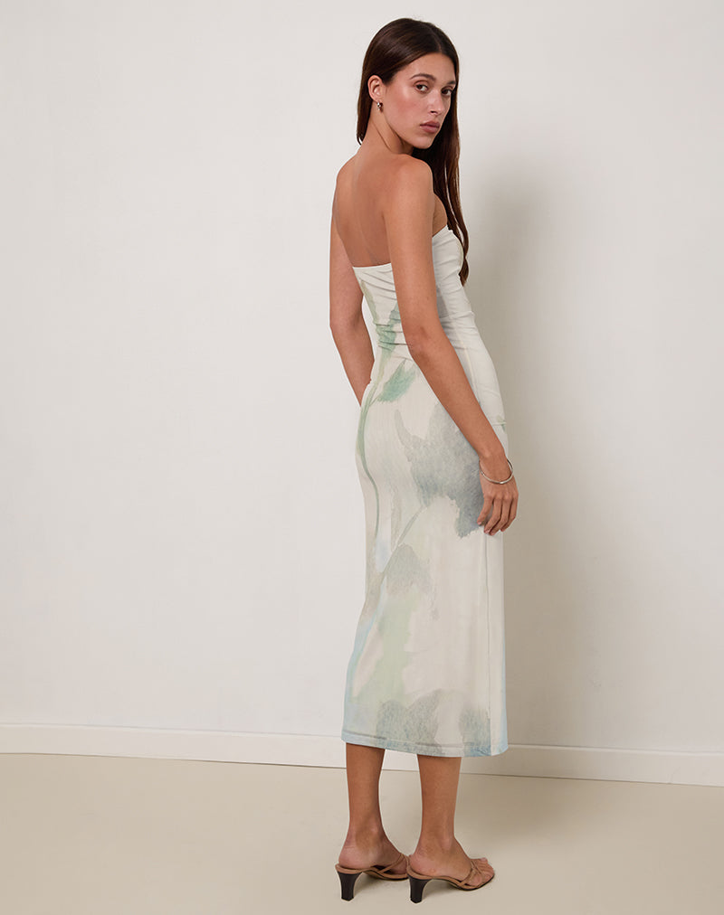 Image de Rosbandi Bandeau Midi Dress in Abstract Painted Flower Blue