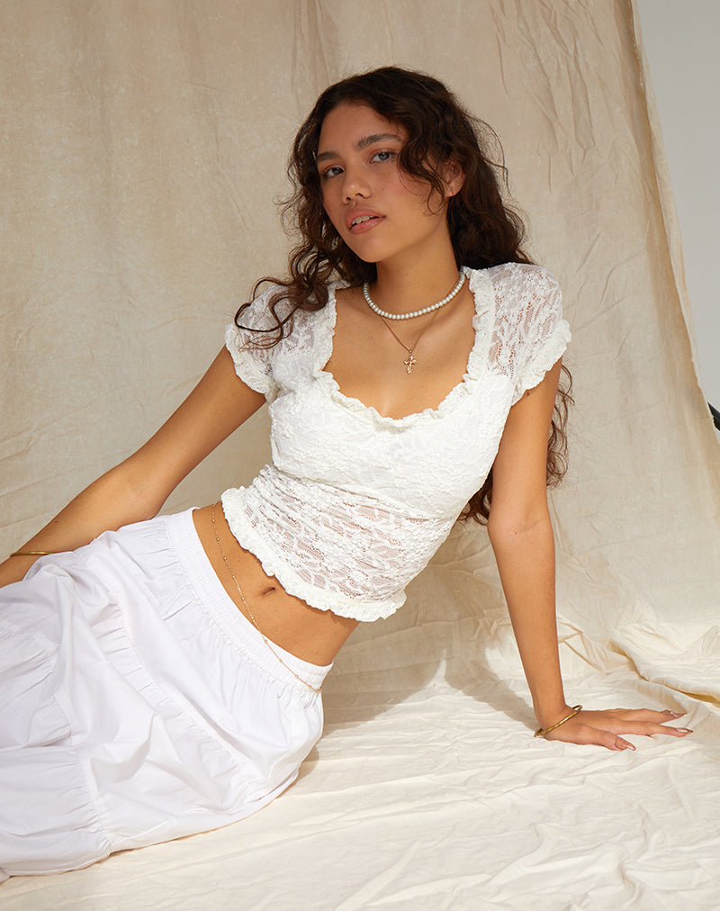 Top Rufte en dentelle ivoire