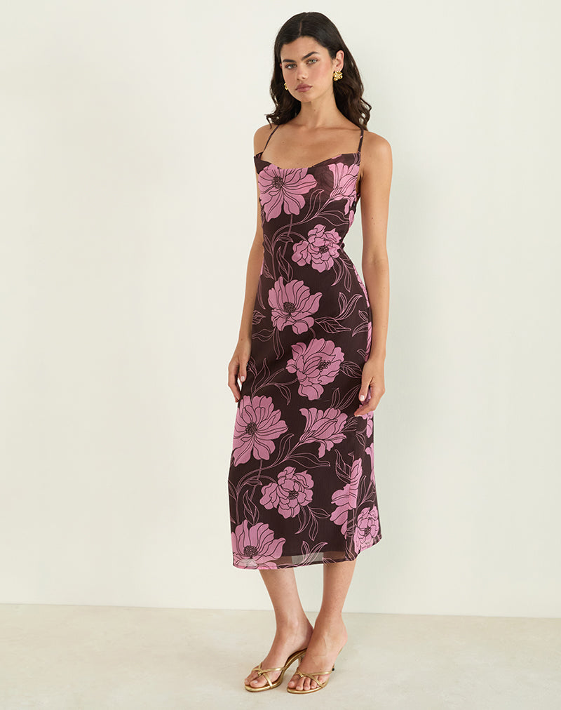 Image de Rujira Cowl Midi Dress in Flare Floral Pink Brown