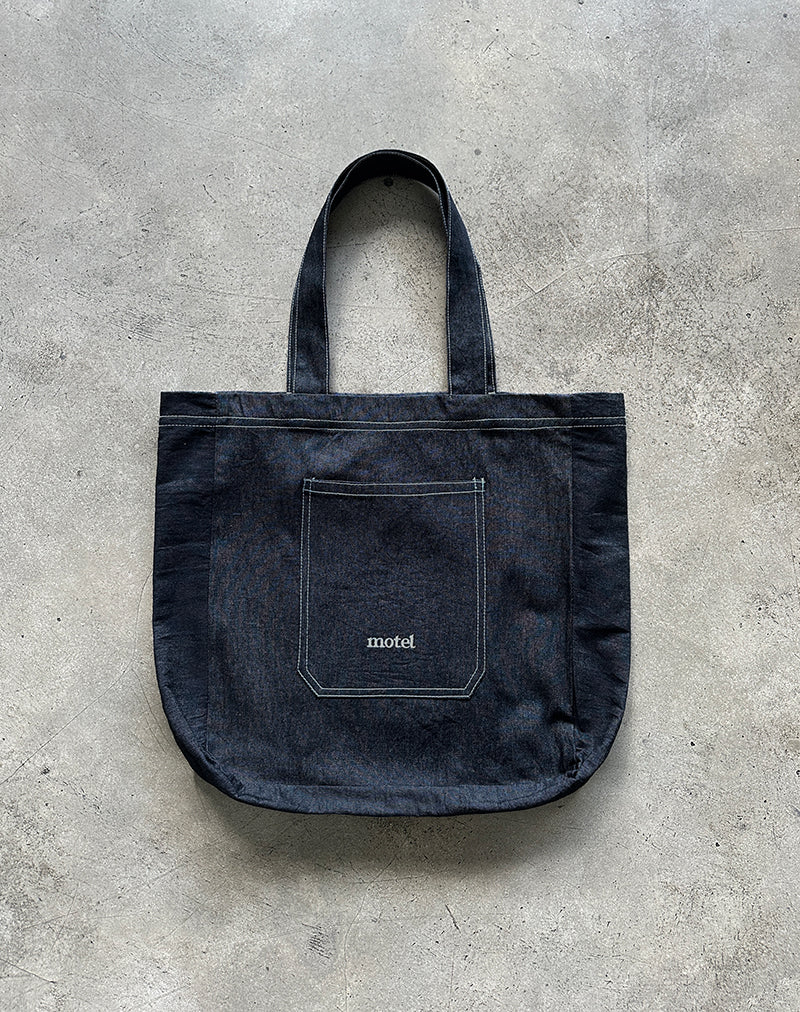 Image de Ruka Tote Bag en Denim Indigo avec broderie Motel blanche
