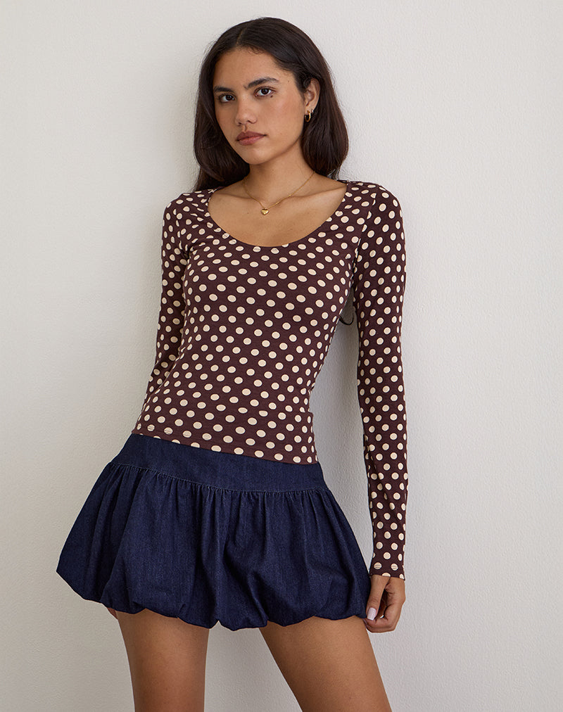 Rumini Long Sleeve Top in Brown with Small Polka Cream (Top à manches longues en marron avec petite crème à pois)