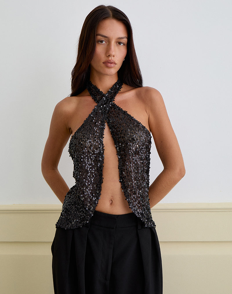 Ruway Unlined Scarf Top in Sequin Black (Haut de foulard non doublé à paillettes)