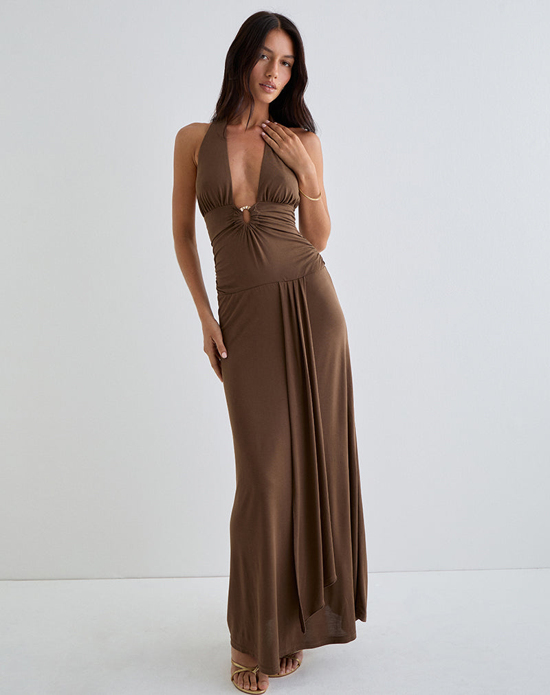 Robe longue Ryoko en cupro marron foncé