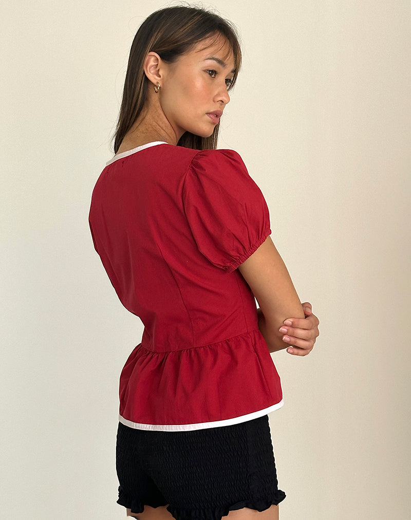 Image of Ryota Tie Front Blouse in Adrenaline Red with Pink Binding