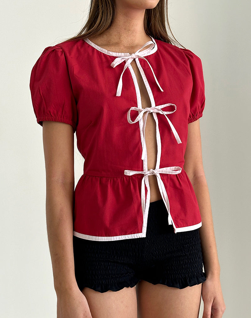 Image of Ryota Tie Front Blouse in Adrenaline Red with Pink Binding
