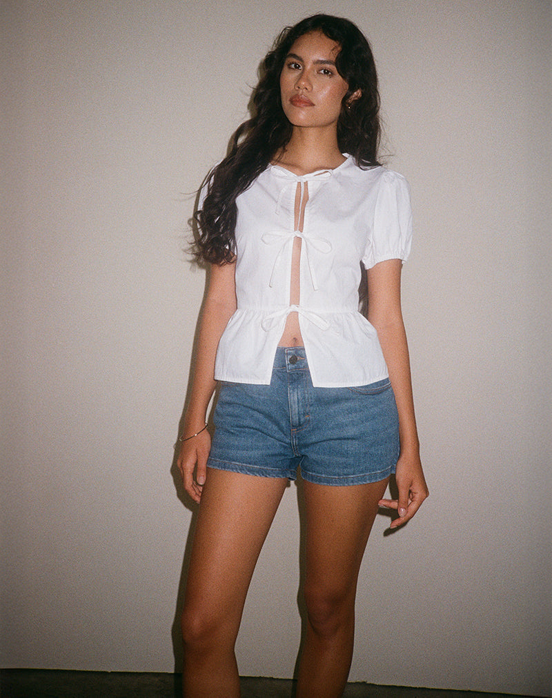 Image of Ryota Tie Front Blouse in White with White Binding