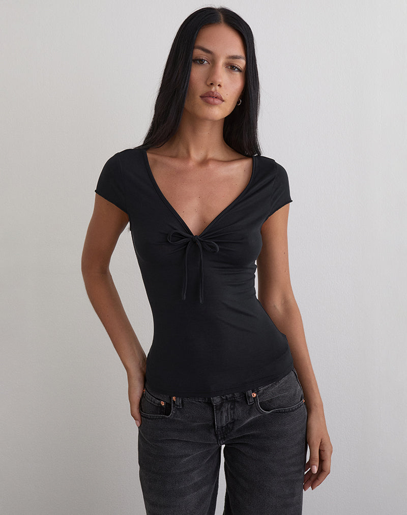 Image de Saiba Cap Sleeve Top in Cupro Black