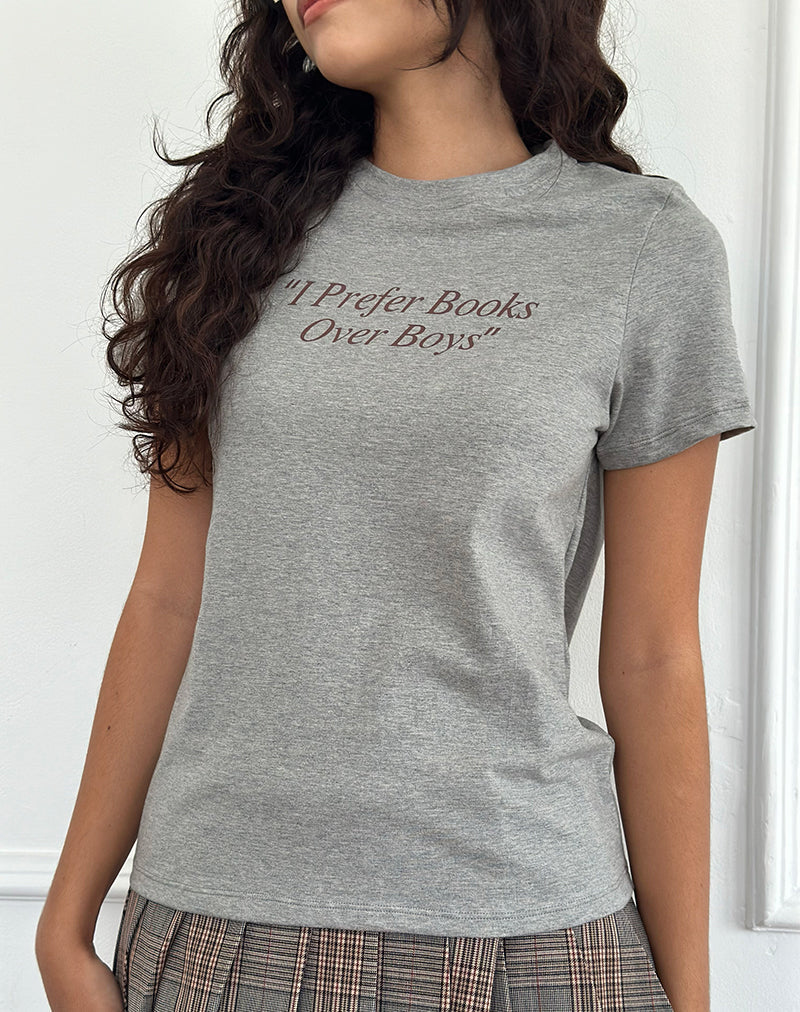 Image de Saki Tee en Grey Marl avec le Slogan I Prefer Books Over Boys (Je préfère les livres aux garçons)