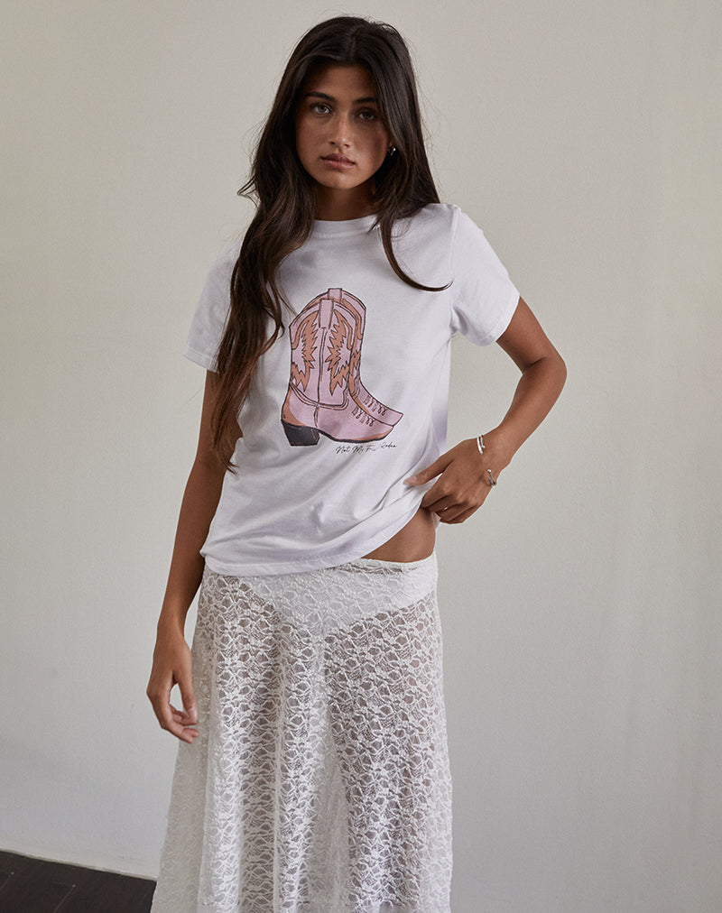 Tee-shirt Saki en blanc avec imprimé bottes de cow-boy roses