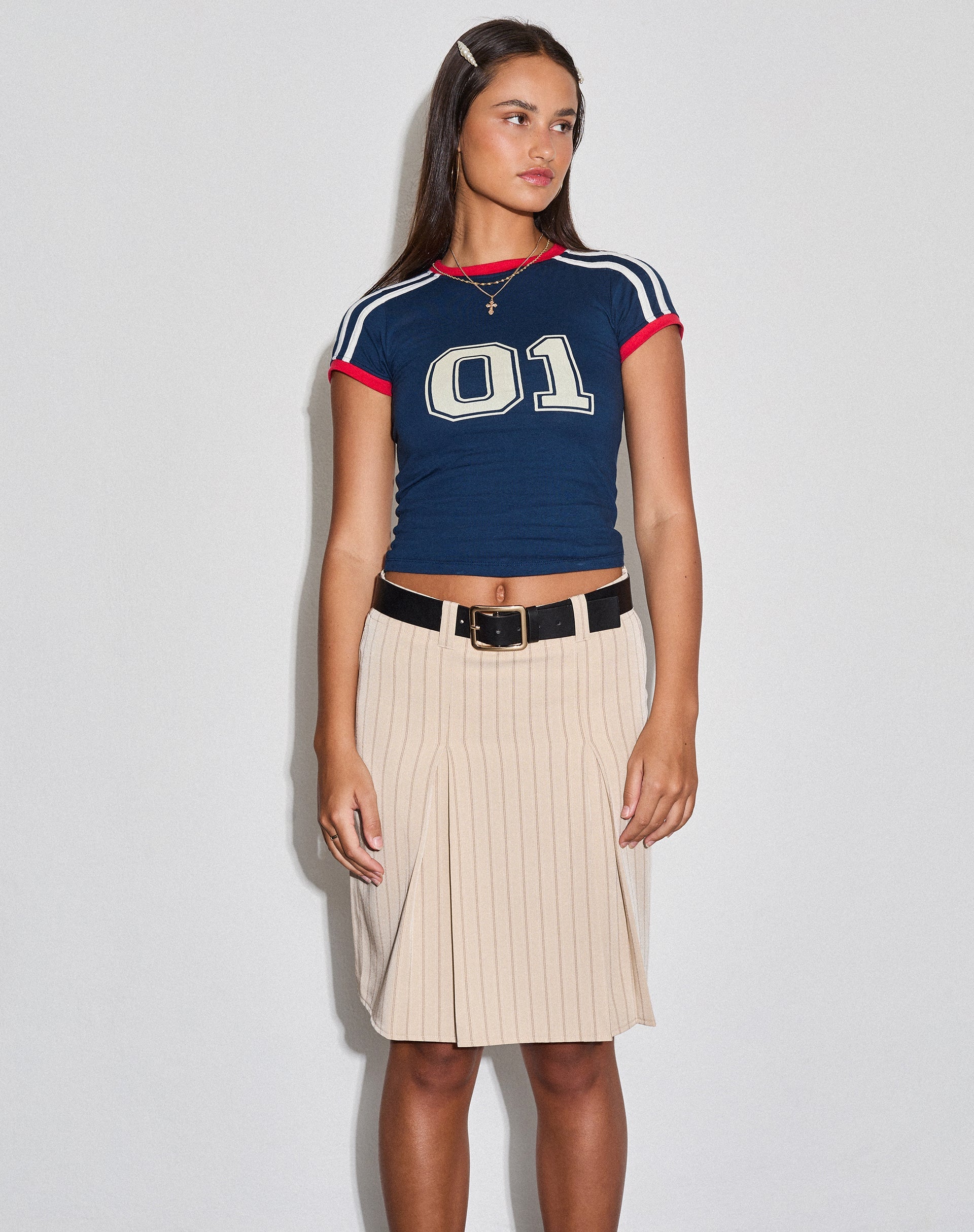 Image of Lia Pleated Midi Skirt in Tailoring Tan Pinstripe
