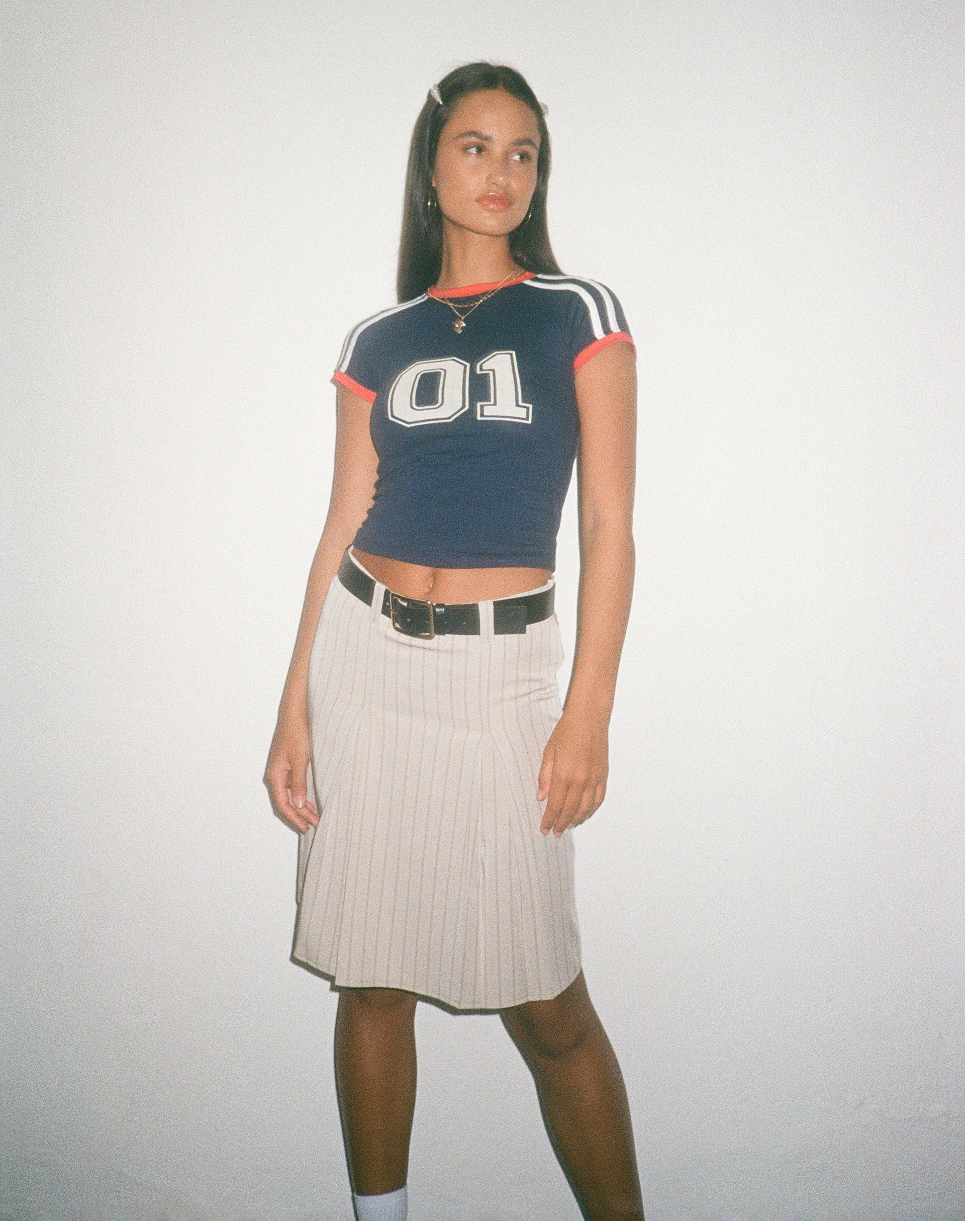 Image of Lia Pleated Midi Skirt in Tailoring Tan Pinstripe