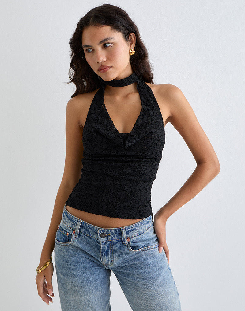 Samwell Halterneck Top in Paisley Lace Black (Top dos nu en dentelle marguerite)