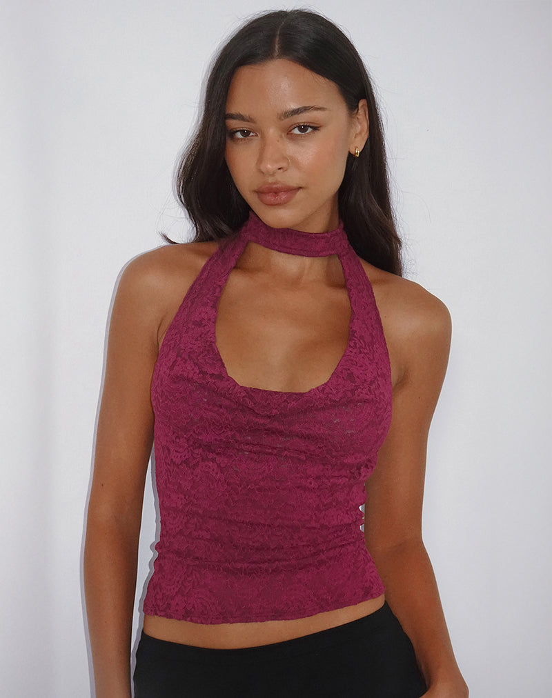 Image of Samwell Halterneck Top in Paisley Lace Burgundy