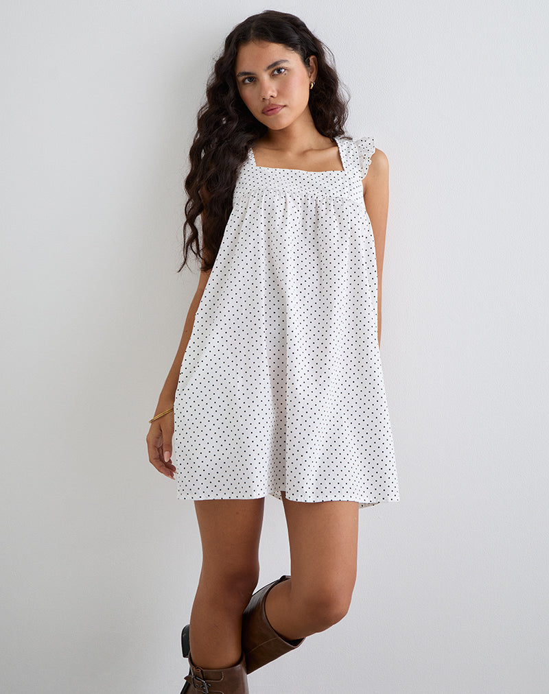 Image of Sanaly Mini Dress in White with Black Micro Polka