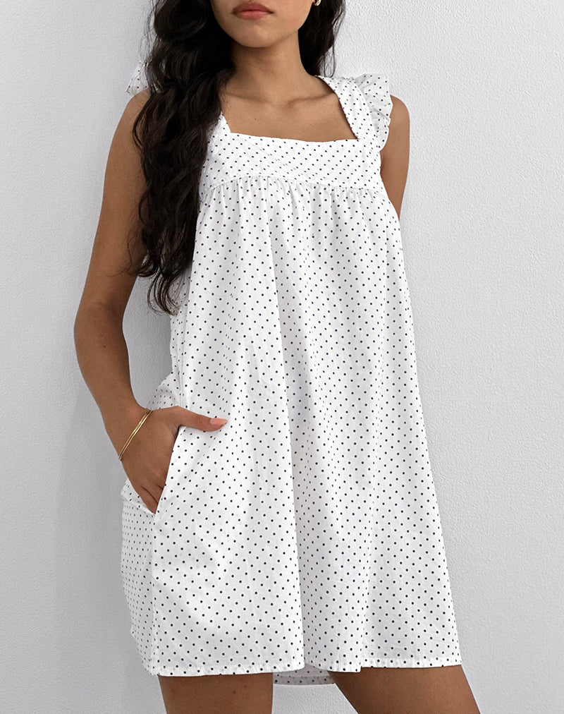 Image of Sanaly Mini Dress in White with Black Micro Polka