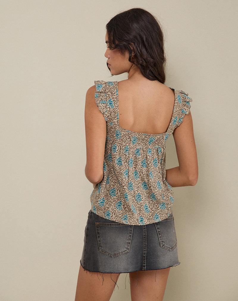 Image de Sanula Top in Blue and Brown Floral Bohemian Batik