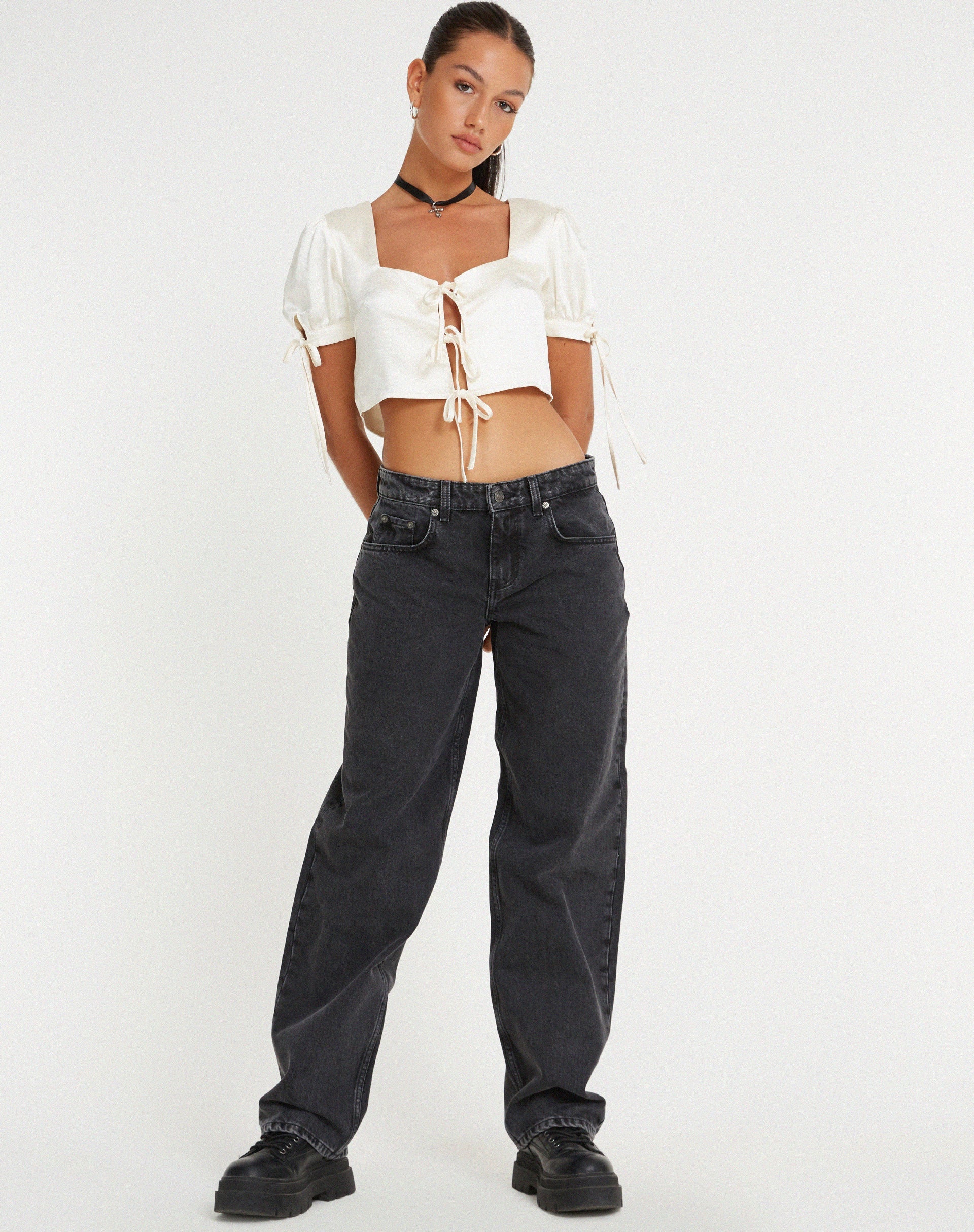 Image de Sanura Tie Up Crop Top in Satin Ivory
