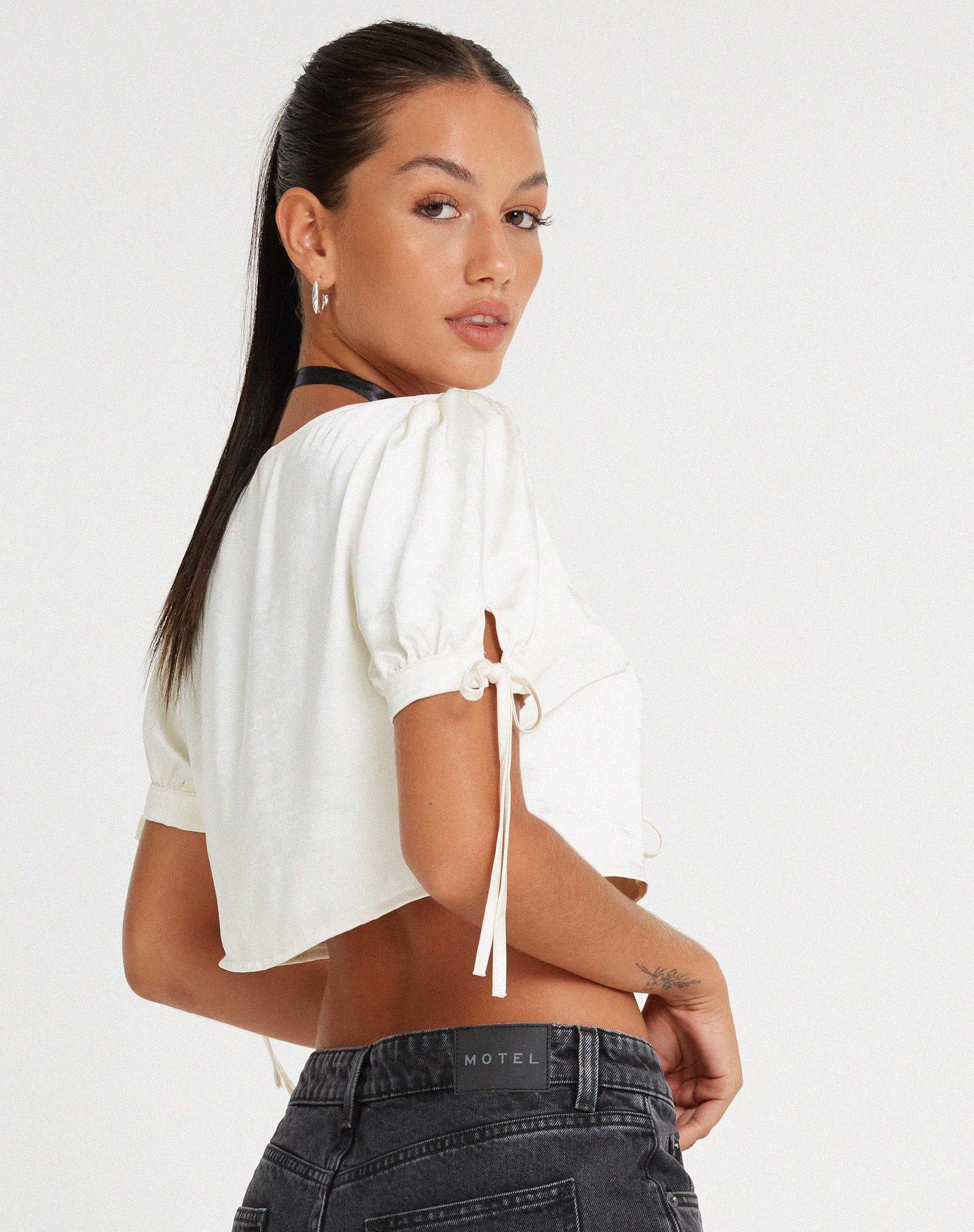 Image de Sanura Tie Up Crop Top in Satin Ivory