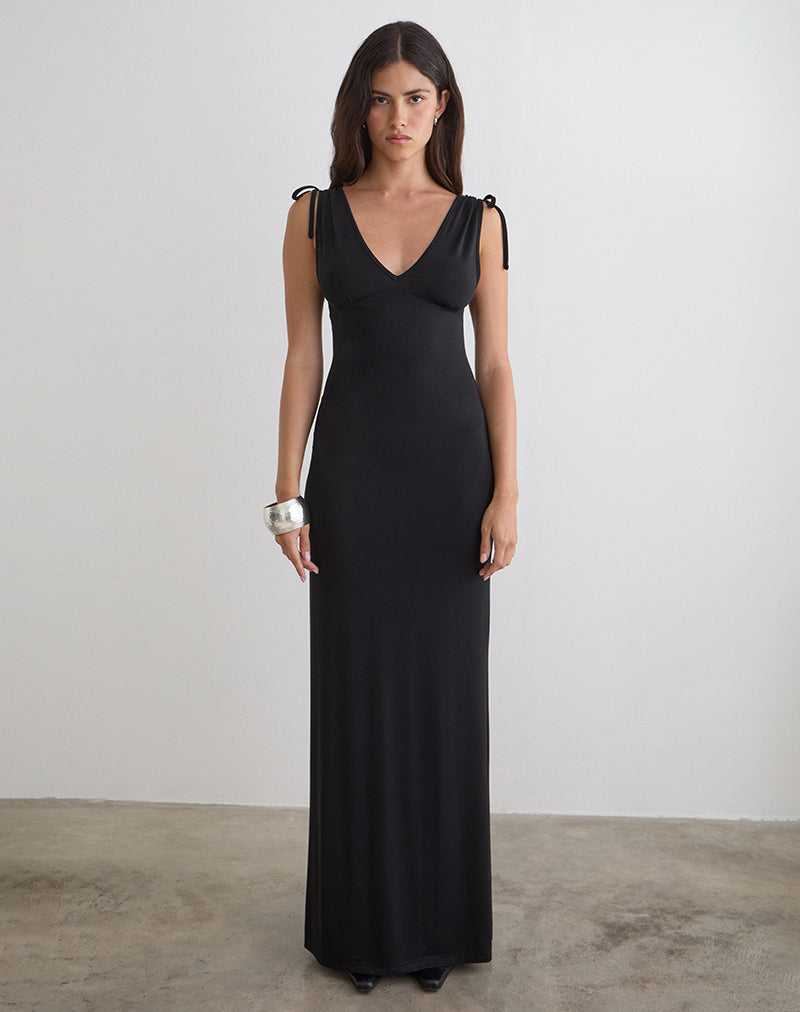 Robe longue plongeante Sanyu en cupro noir