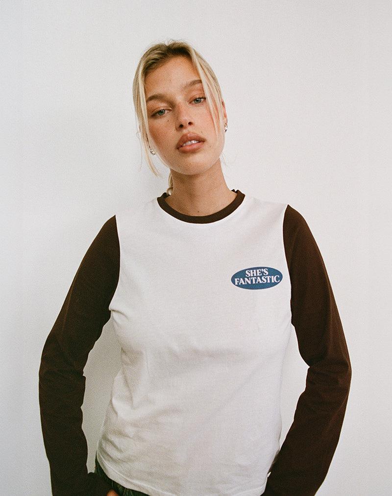 Top Sari en blanc et marron chocolat avec motif She's Fantastic