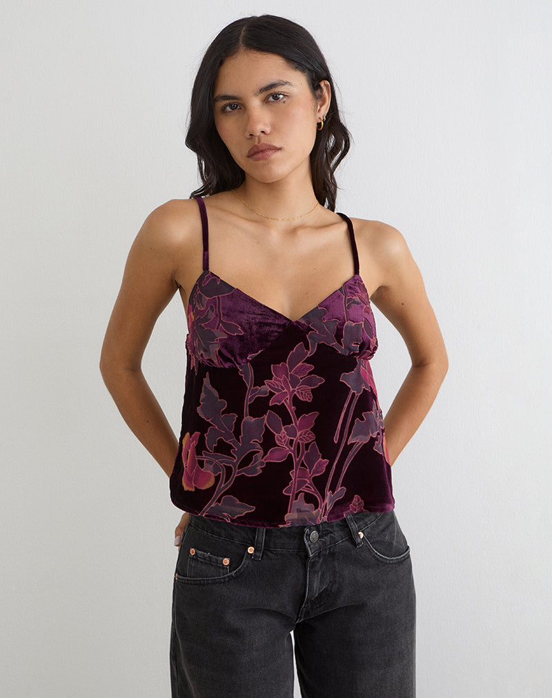 Top Sarinda Cami en dévoré floral bordeaux
