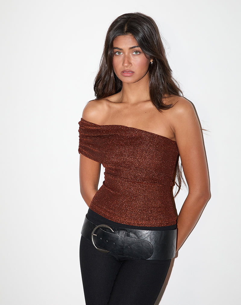 Top asymétrique Sarla en jersey pailleté cuivre