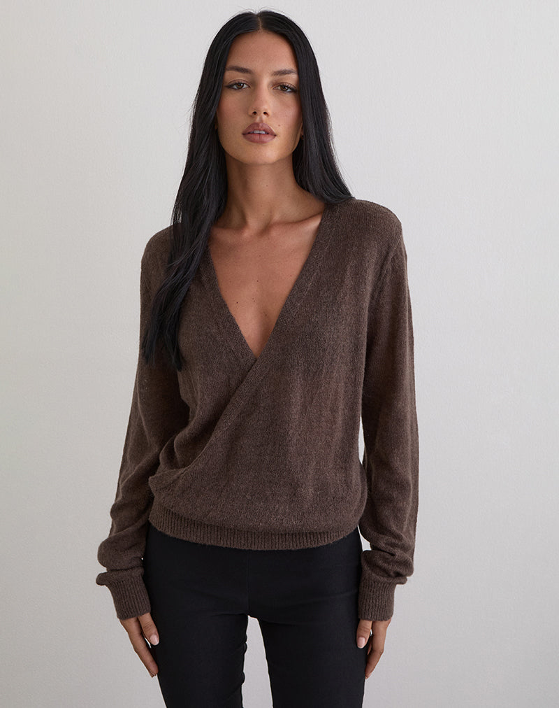 Image of Saroya Plunge Wrap Top in Knit Dark Chocolate