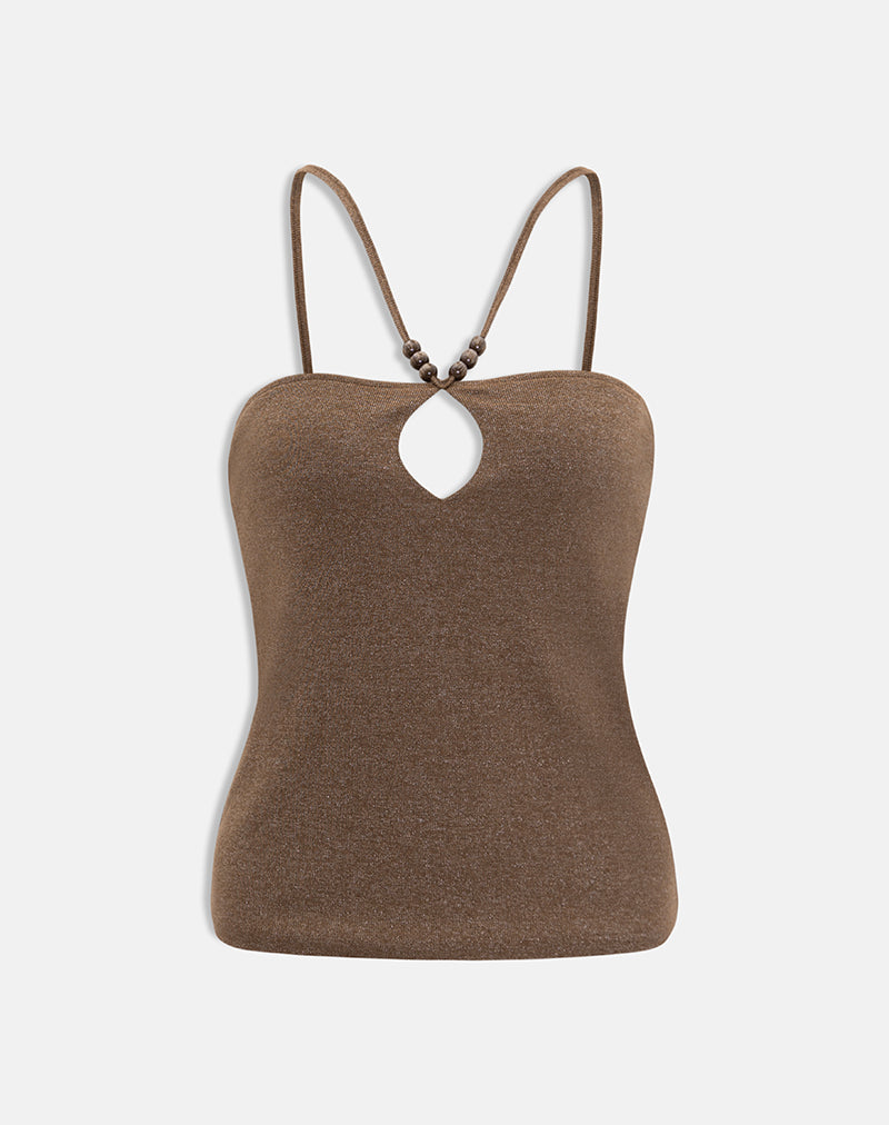 Haut Satuna avec perles en maille brillante marron
