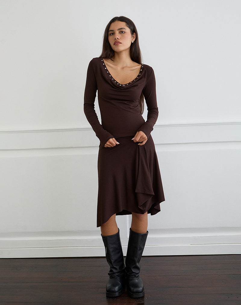 Scanio Long Sleeve Cowl Top with Studs in Bitter Chocolate (Haut de forme à manches longues et clous en chocolat amer)