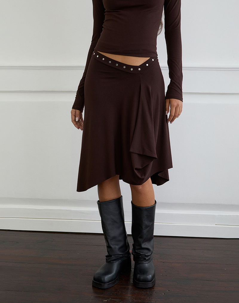 Jupe midi Emera avec clous en chocolat amer