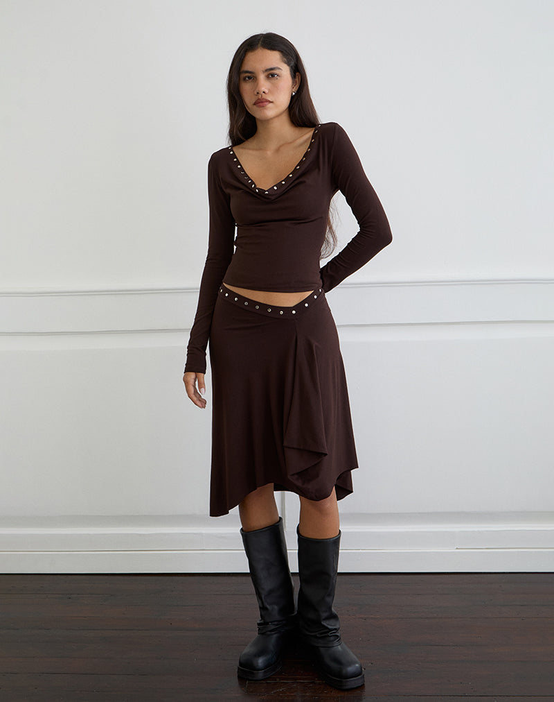 Jupe midi Emera avec clous en chocolat amer