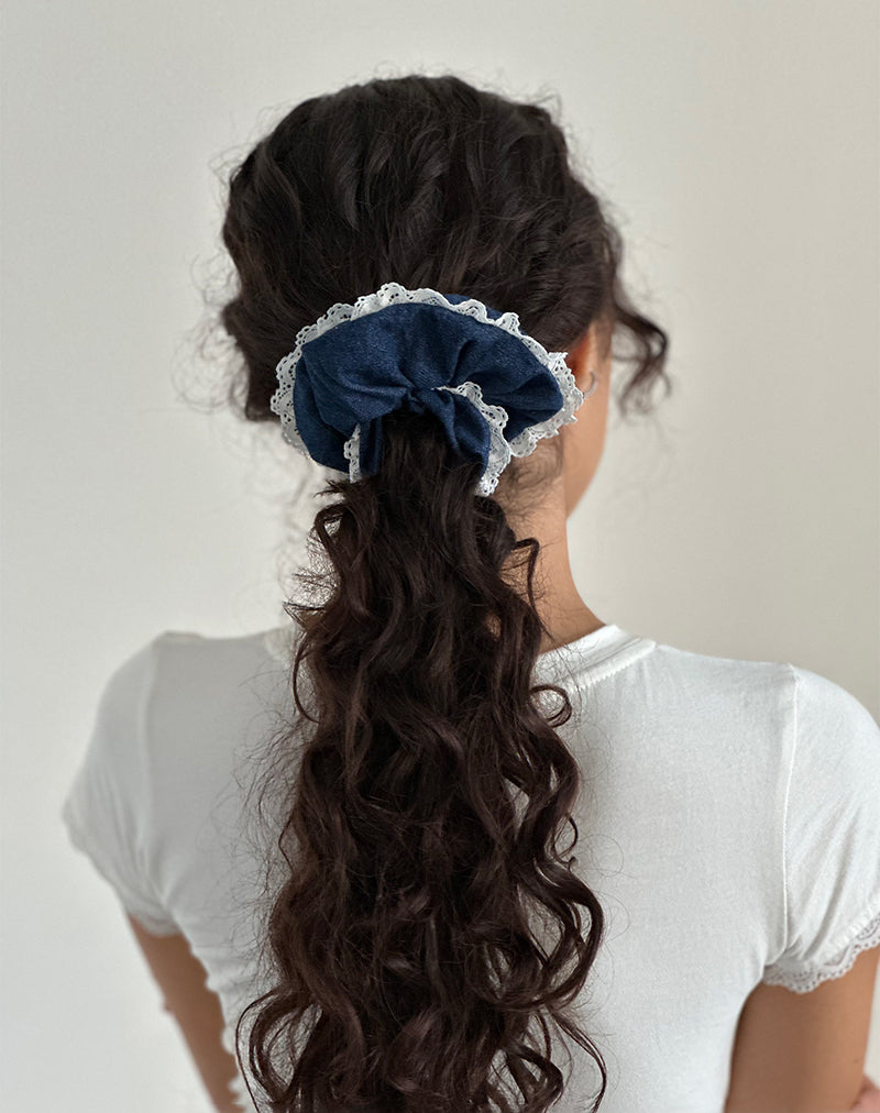 Chouchou en denim chambray avec dentelle