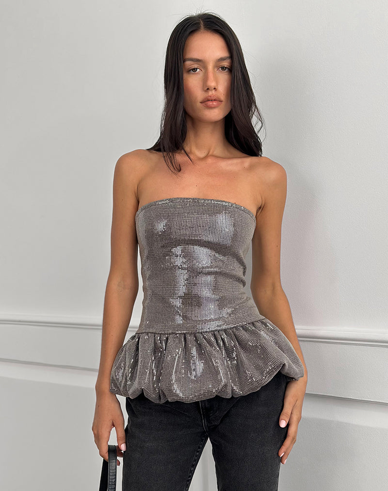 Image de Seada Peplum Top in Sequin Check Brown