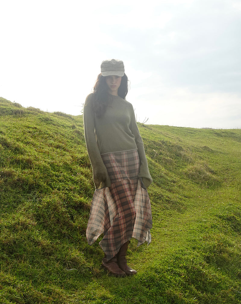 Image de la jupe midi Sedra à carreaux flous marron et rose