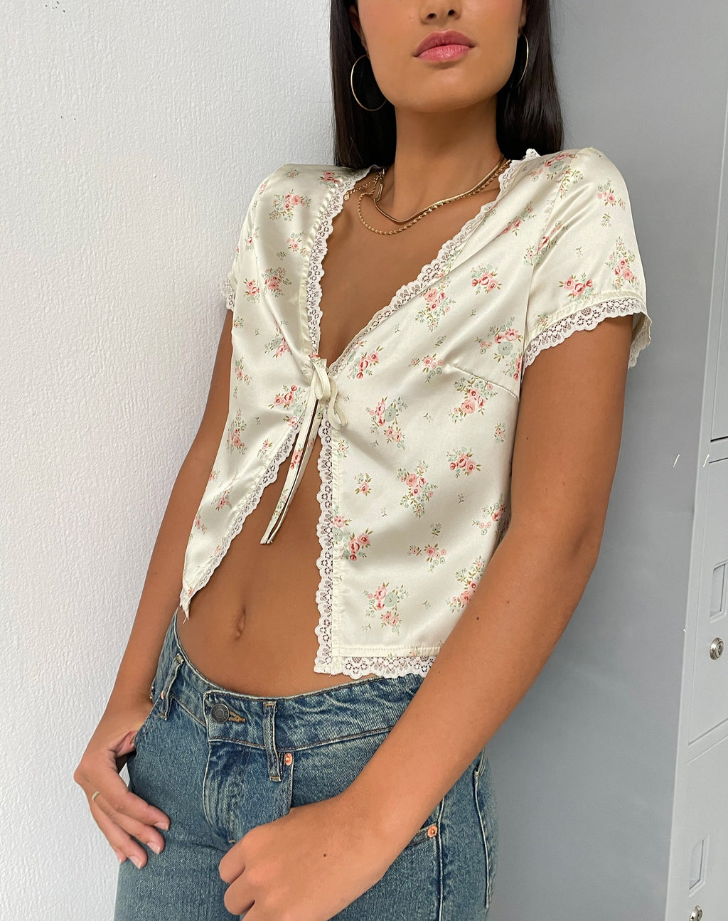 Selene Tie Front Top in Satin Vintage Rose Garland