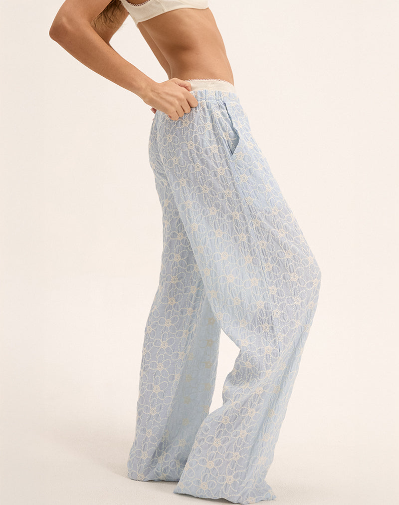 Pantalon Semur, broderie bleu glacier