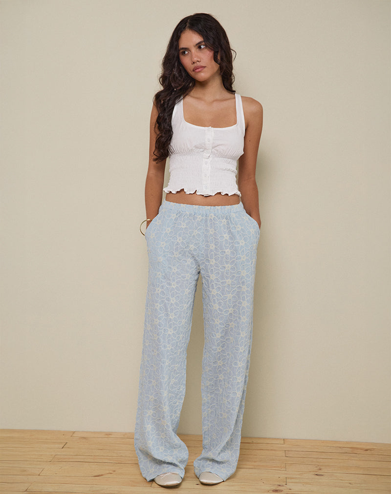 Pantalon Semur, broderie bleu glacier