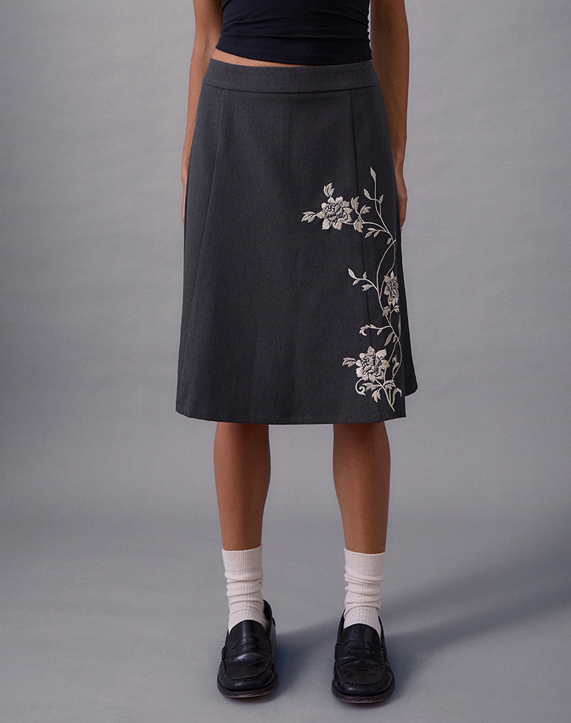 Image of Sepzhi Midi Skirt in Vine Flower Embroidered Dark Charcoal
