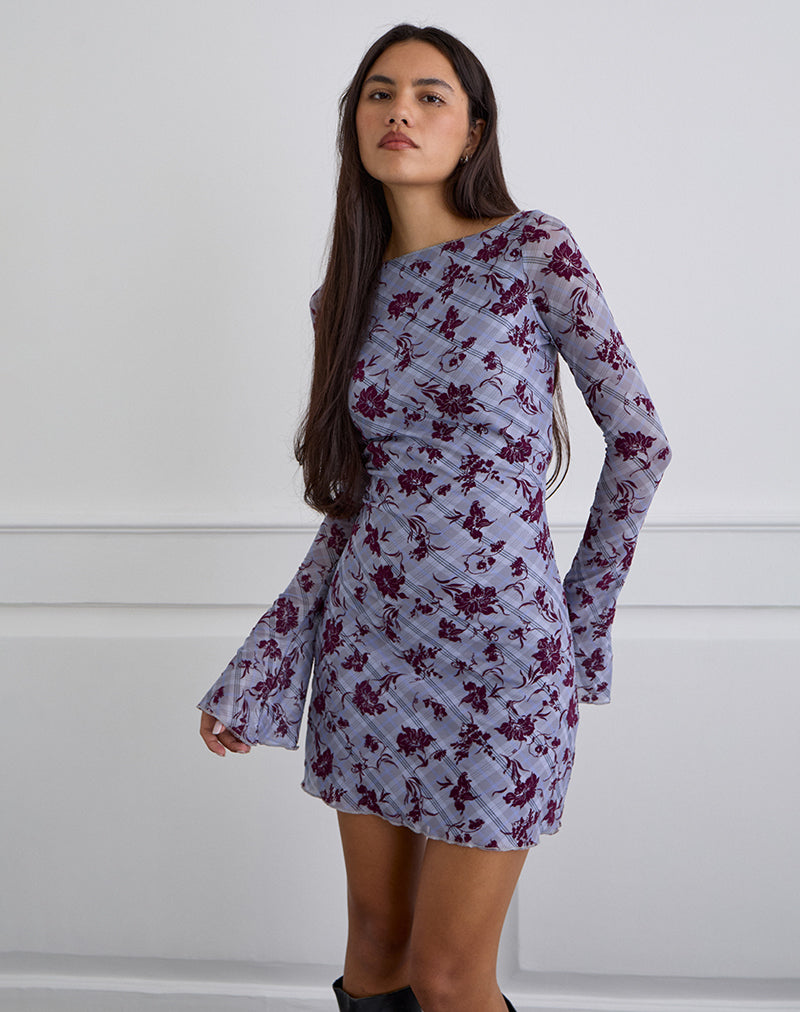 Image of Sevila Long Sleeve Mini Dress in Lotus Flock Checked Lavender