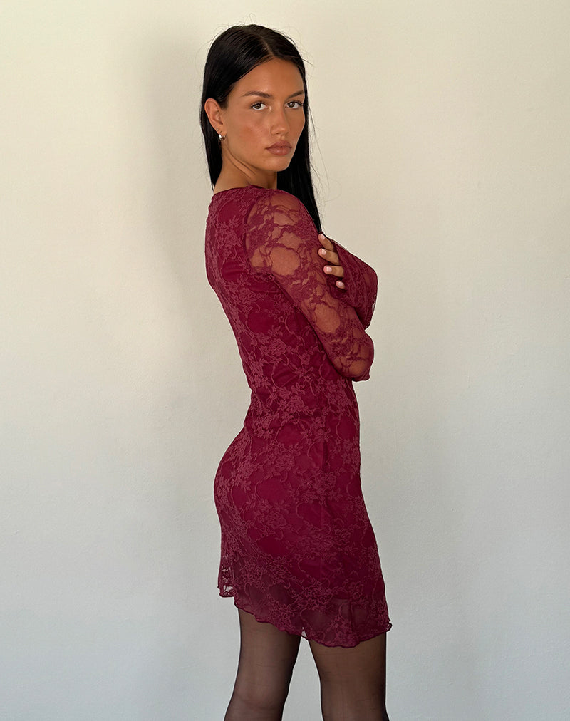 Image de Sevila Mini robe à manches longues en dentelle Bourgogne