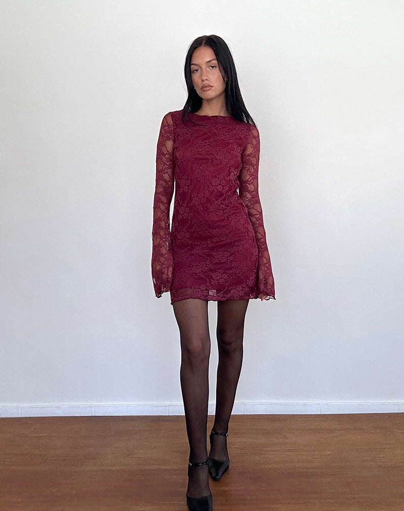 Image de Sevila Mini robe à manches longues en dentelle Bourgogne