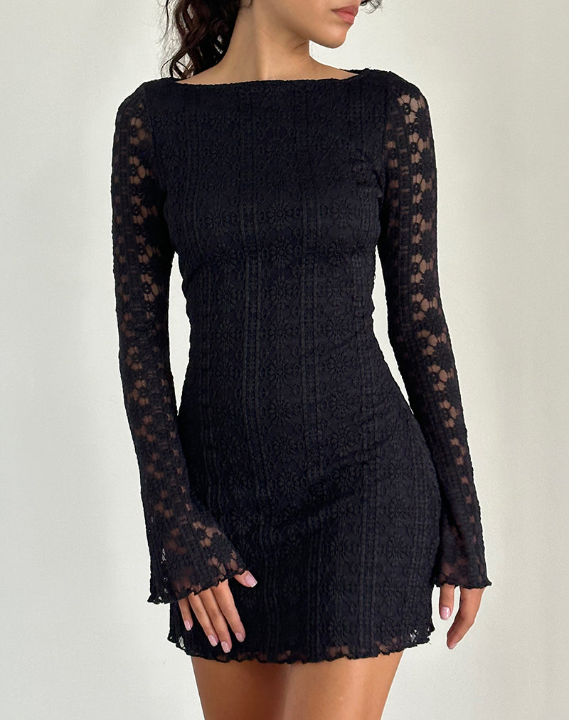 Mini robe à manches longues Sevila en dentelle royale noire