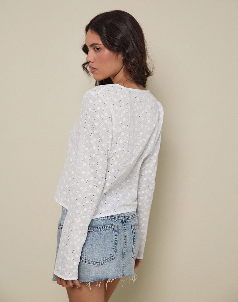 Image de Sewindu Tie Front Long Sleeve Top in Broderie Ivory