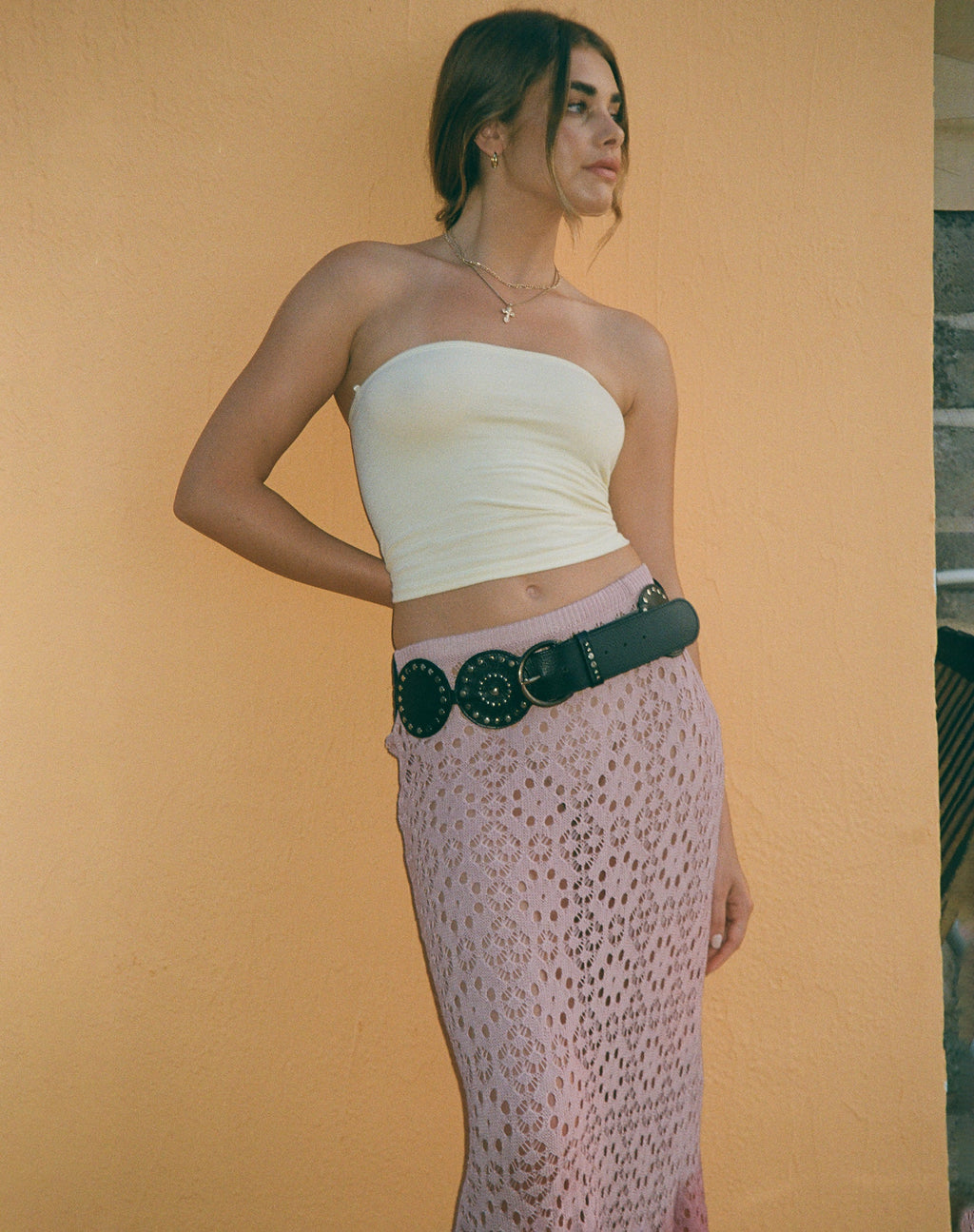 Jupe midi en crochet Eldonia, rose poussiéreux