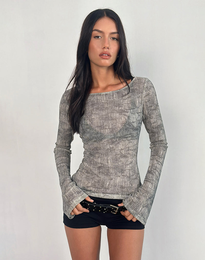 Sheiza Long Sleeve Top in Sheer Mesh Grey (Top à manches longues en maille transparente)