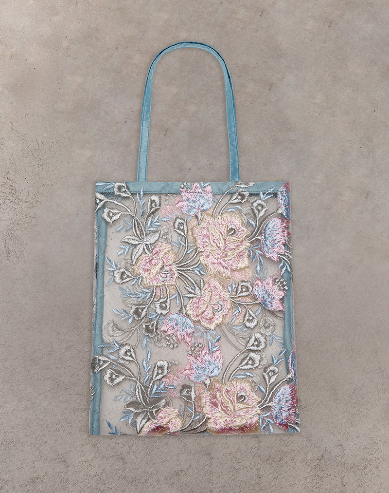 Sac Shi en broderie de dentelle naturelle avec reliure en satin bleu