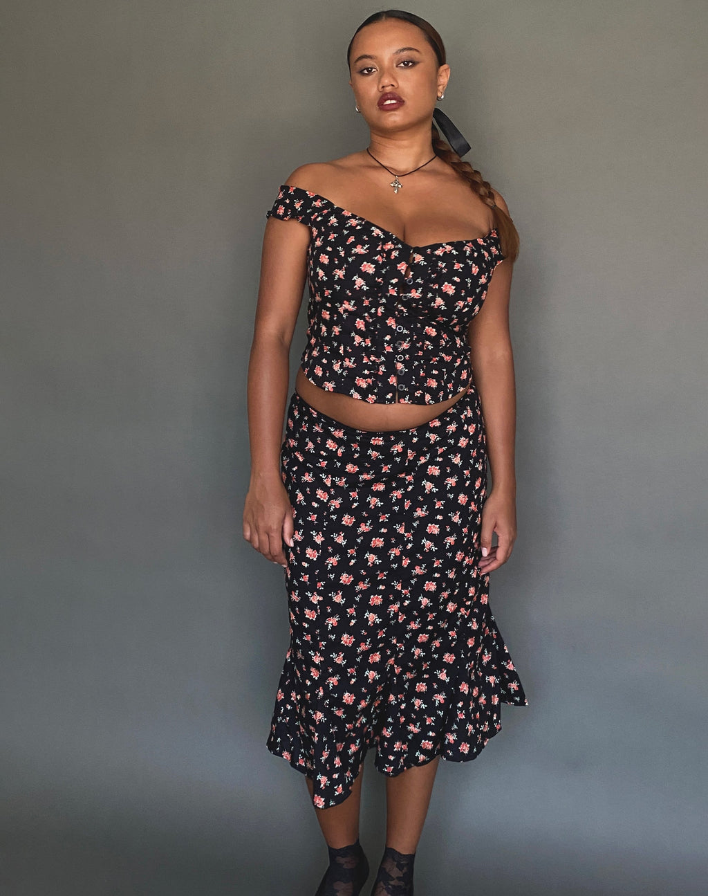 Jupe midi Sima, rose fluide, noir