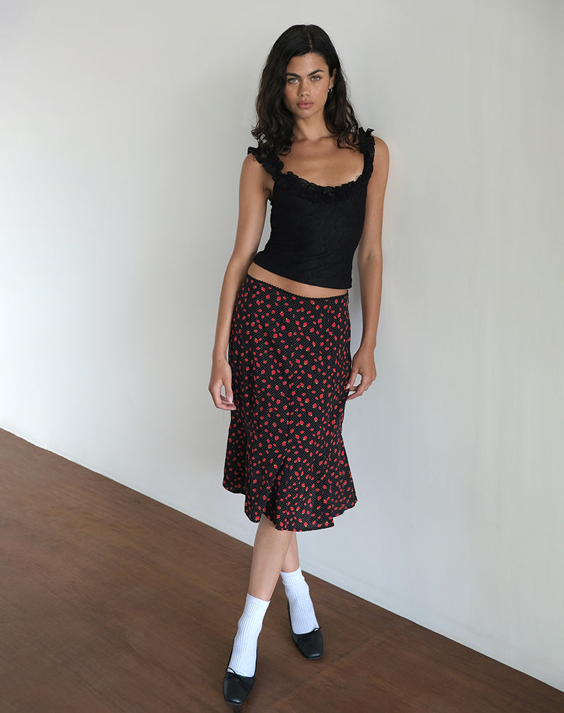 Jupe midi Sima, Strawberry Polka Black