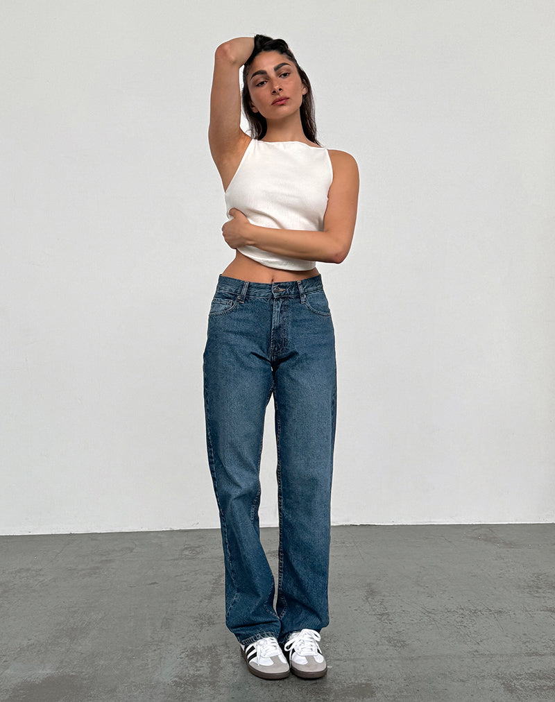 Jean parallèle slim à taille moyenne, bleu moyen usagé